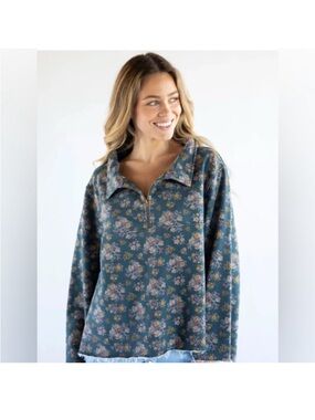 NATURAL LIFE Easy Does It Teal Floral Quarter-Zip Sweatshirt